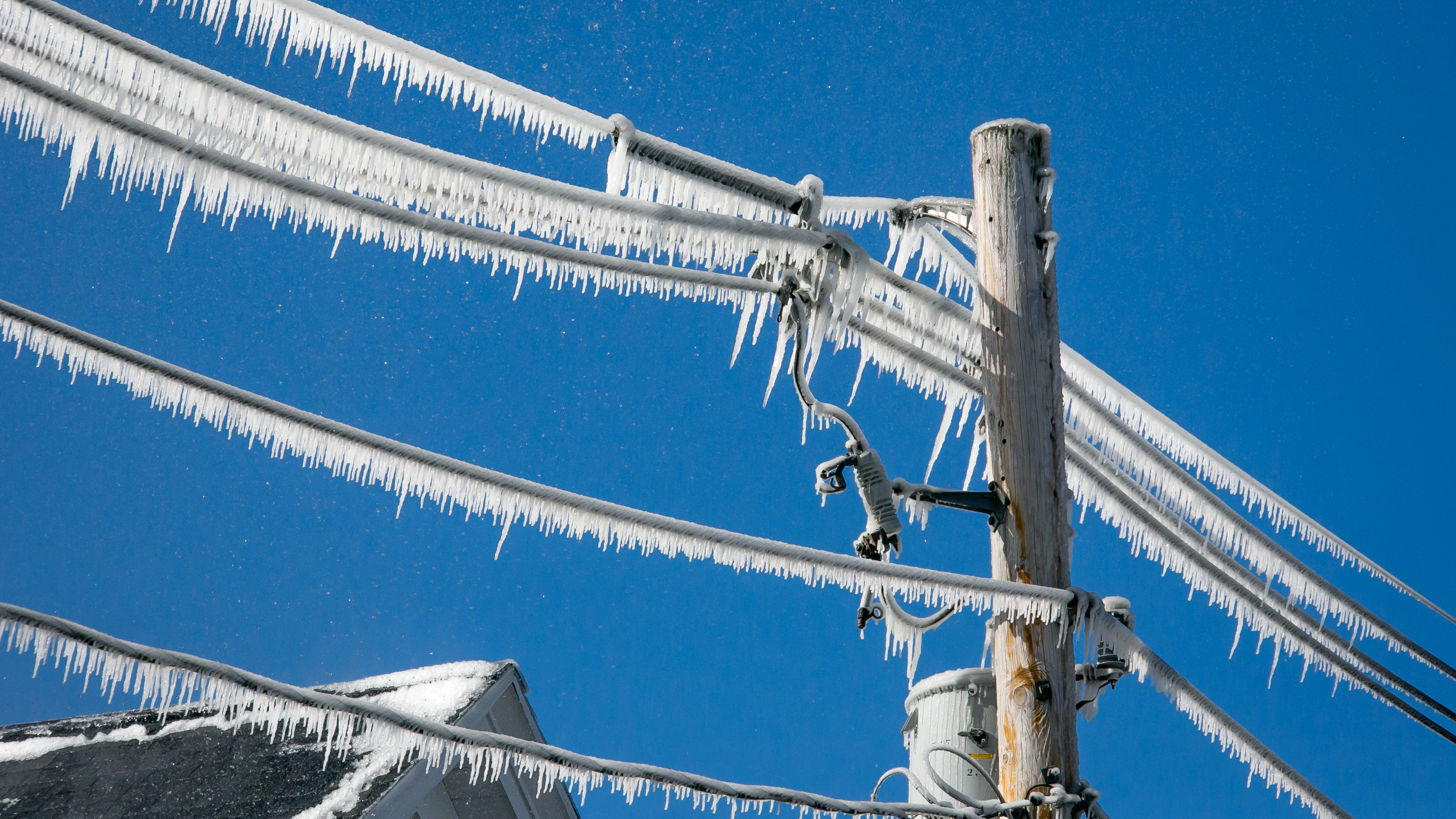 líneas eléctricas congeladas durante una tormenta invernal